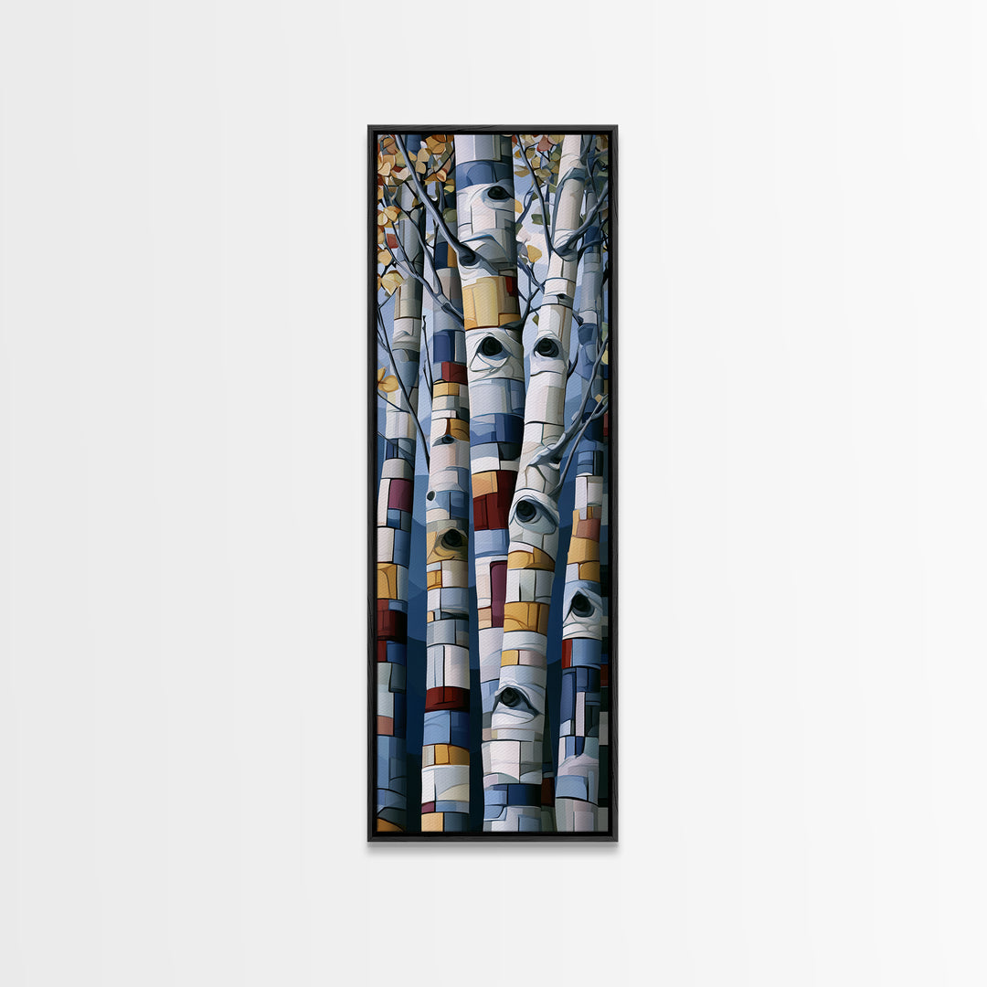 Birch Tree Trunks Framed Canvas Print, Scandinavian Art, Mid Century Modern, Living Room Decor, Oil Painting, Nordic, SCA-1x3-45