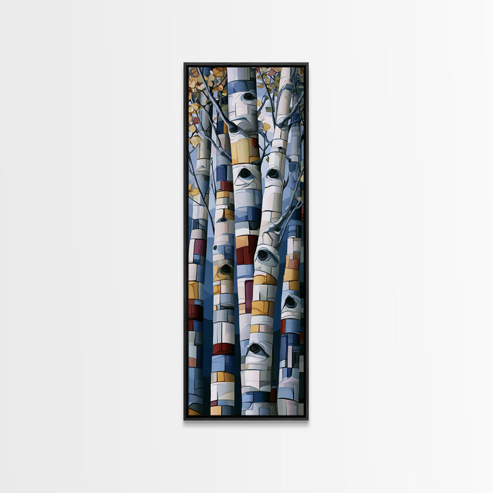 Birch Tree Trunks Framed Canvas Print, Scandinavian Art, Mid Century Modern, Living Room Decor, Oil Painting, Nordic, SCA-1x3-45