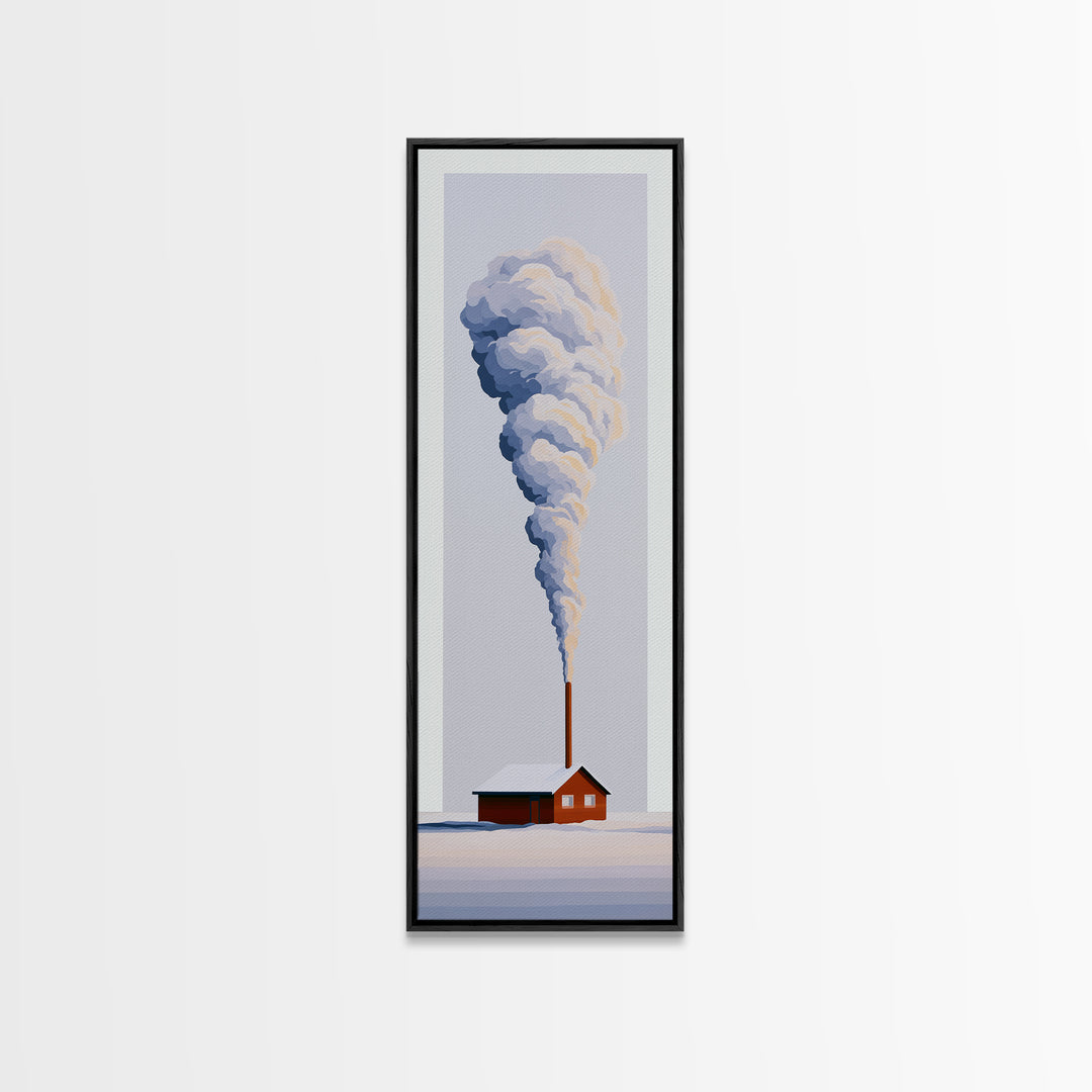 Winter Cabin Smoke Framed Canvas Print, Scandinavian Art, Fine Art Print, Living Room Decor, Oil Painting, Nordic, Printable, SCA-1x3-54