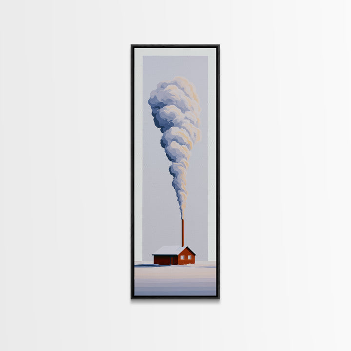 Winter Cabin Smoke Framed Canvas Print, Scandinavian Art, Fine Art Print, Living Room Decor, Oil Painting, Nordic, Printable, SCA-1x3-54