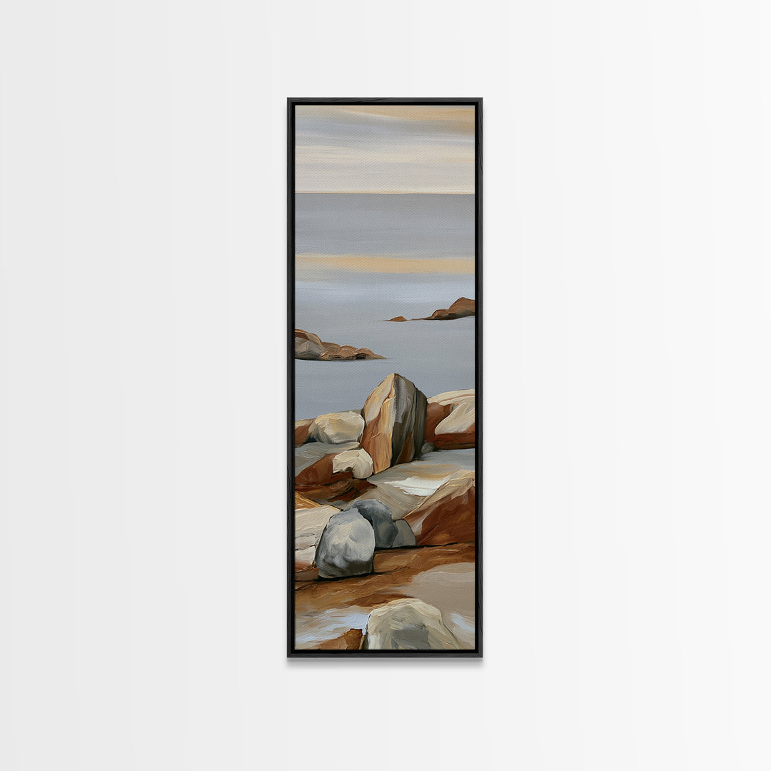 Quiet Coastal Rocks and Gray Sea Canvas Print, Scandinavian Art, Modern Decor, Living Room Decor, Fine Art, Nordic, Wall Decor, SCA-1x3-59