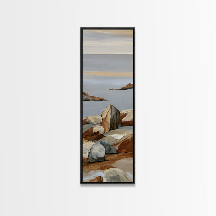 Quiet Coastal Rocks and Gray Sea Canvas Print, Scandinavian Art, Modern Decor, Living Room Decor, Fine Art, Nordic, Wall Decor, SCA-1x3-59