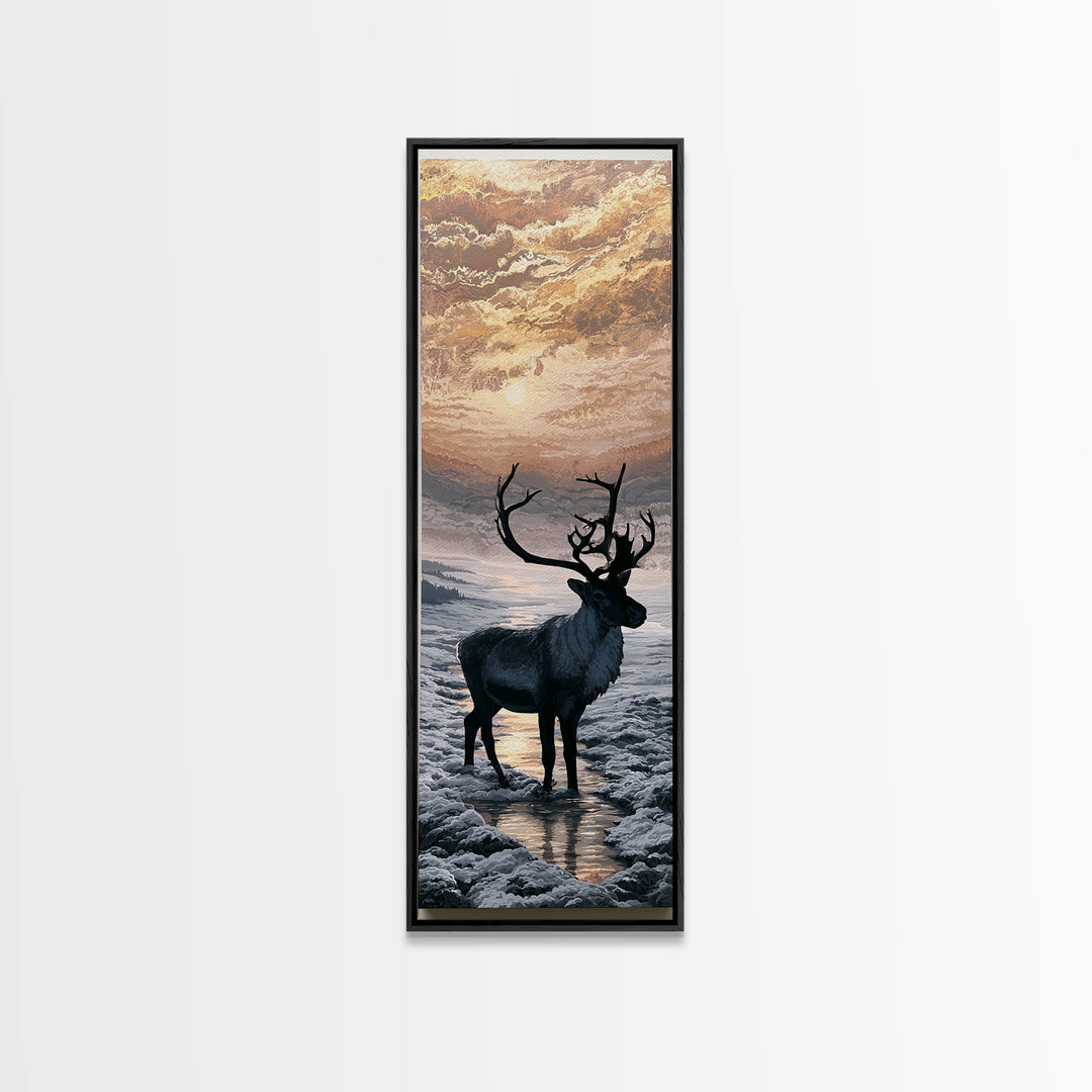 Reindeer Silhouette in Snowy Landscape Framed Canvas Print, Scandinavian Art, Wall Art, Living Room Decor, Fine Art, Nordic, SCA-1x3-66