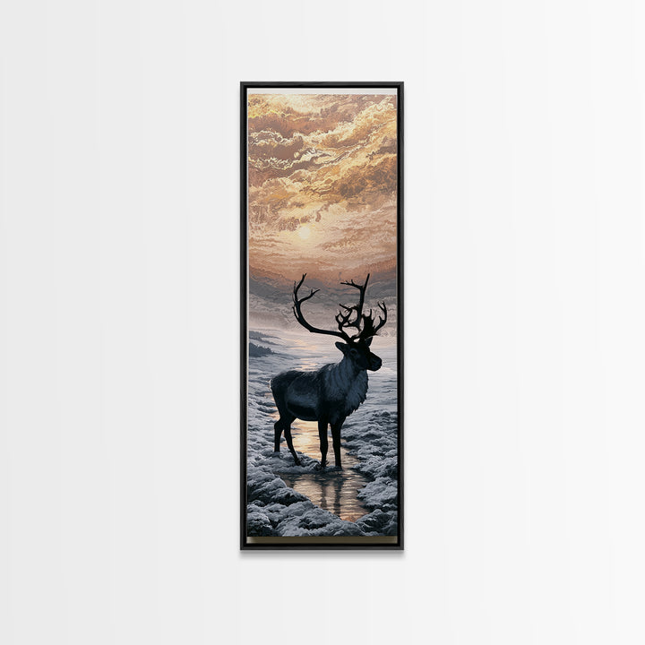 Reindeer Silhouette in Snowy Landscape Framed Canvas Print, Scandinavian Art, Wall Art, Living Room Decor, Fine Art, Nordic, SCA-1x3-66