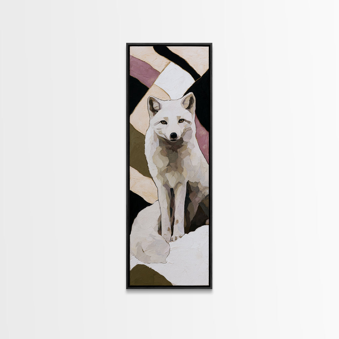 White Fox in Quiet Snow Framed Canvas Print, Scandinavian Art, Statement Artwork, Living Room Decor, Abstract Art, Nordic, SCA-1x3-96