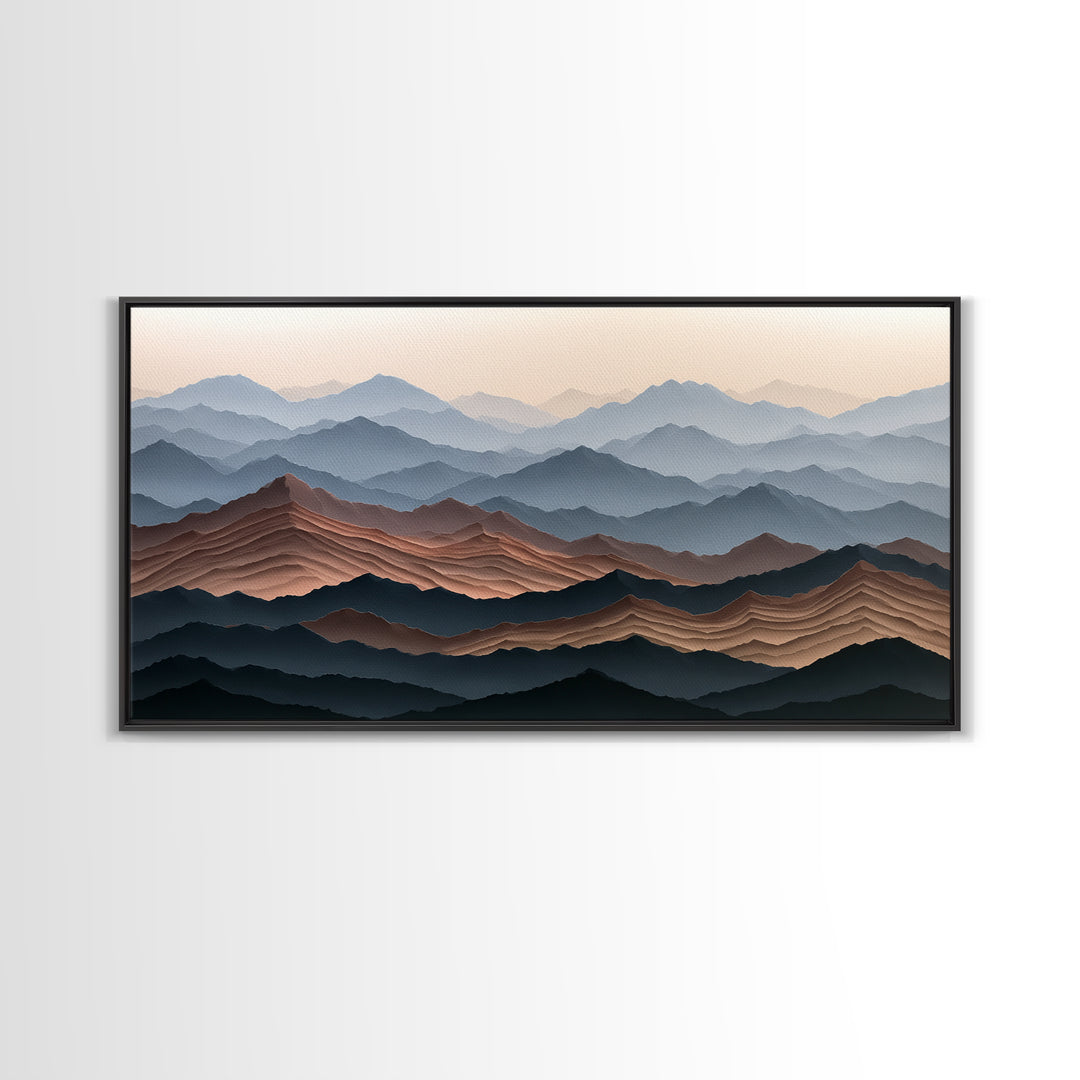 Muted Mountain Layers Framed Canvas Print, Scandinavian Art, Boho Wall Decor, Living Room Decor, Oil Painting, Nordic, SCA-2x1-100