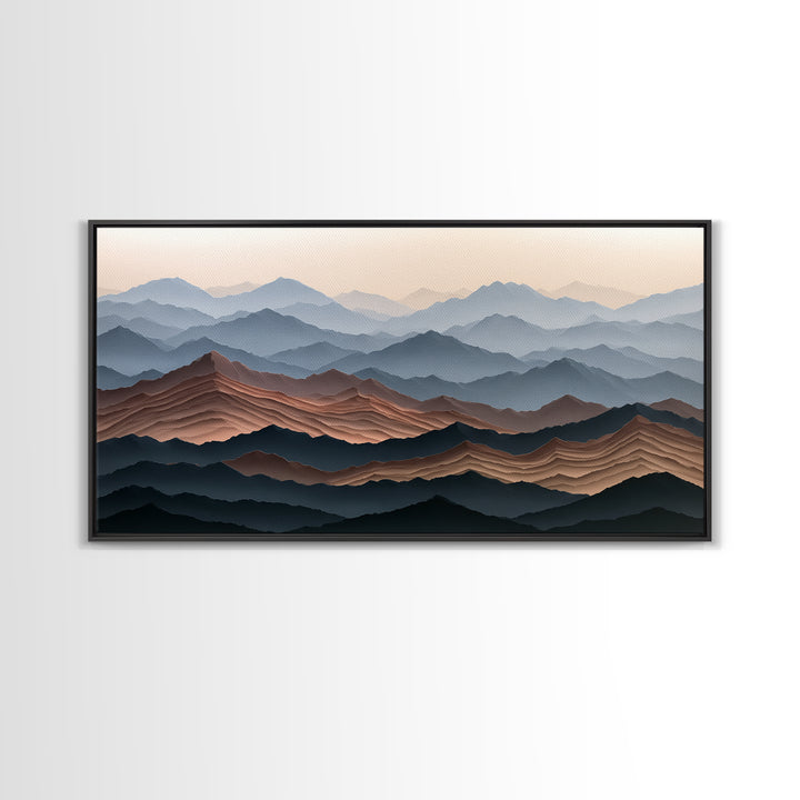 Muted Mountain Layers Framed Canvas Print, Scandinavian Art, Boho Wall Decor, Living Room Decor, Oil Painting, Nordic, SCA-2x1-100