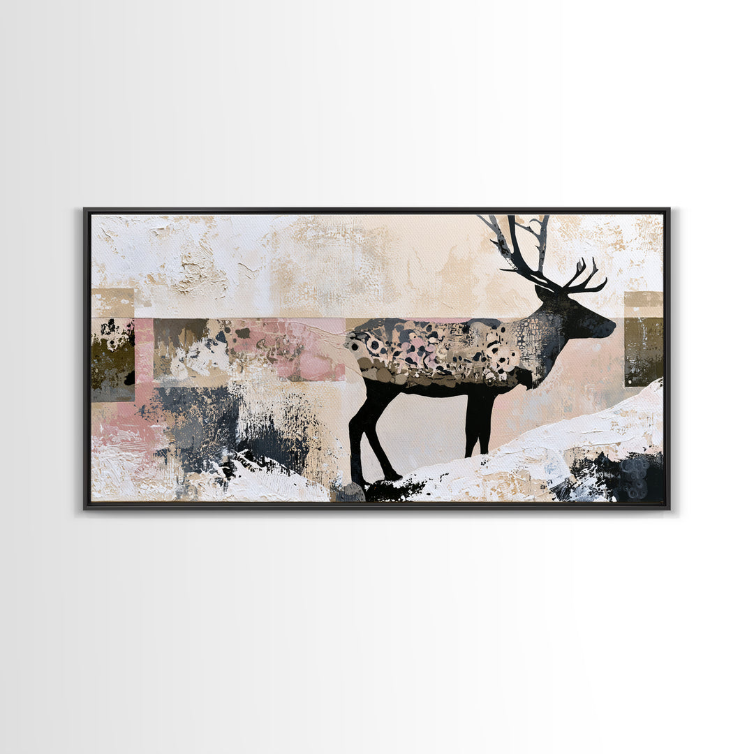 Reindeer Silhouette in Snowy Landscape Canvas Print, Scandinavian Art, Art, Living Room Decor, Fine Art, Nordic, Abstract Art, SCA-2x1-2