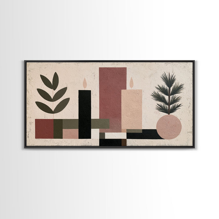 Hygge Candle and Pine Branch Still Life Framed Canvas Print, Scandinavian Art, Living Room Decor, Oil Painting, Nordic, SCA-2x1-24
