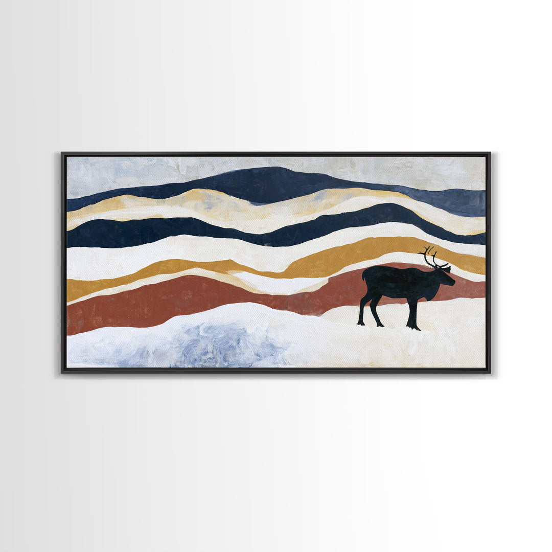 Reindeer Silhouette in Snowy Landscape Canvas Print, Scandinavian Art, Art, Living Room Decor, Fine Art, Nordic, Abstract Art, SCA-2x1-26