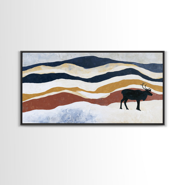 Reindeer Silhouette in Snowy Landscape Canvas Print, Scandinavian Art, Art, Living Room Decor, Fine Art, Nordic, Abstract Art, SCA-2x1-26