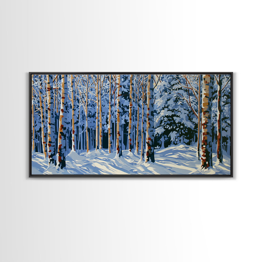 Snowy Nordic Forest Framed Canvas Print, Scandinavian Art, Abstract Wall Art, Living Room Decor, Oil Painting, Nordic, SCA-2x1-45