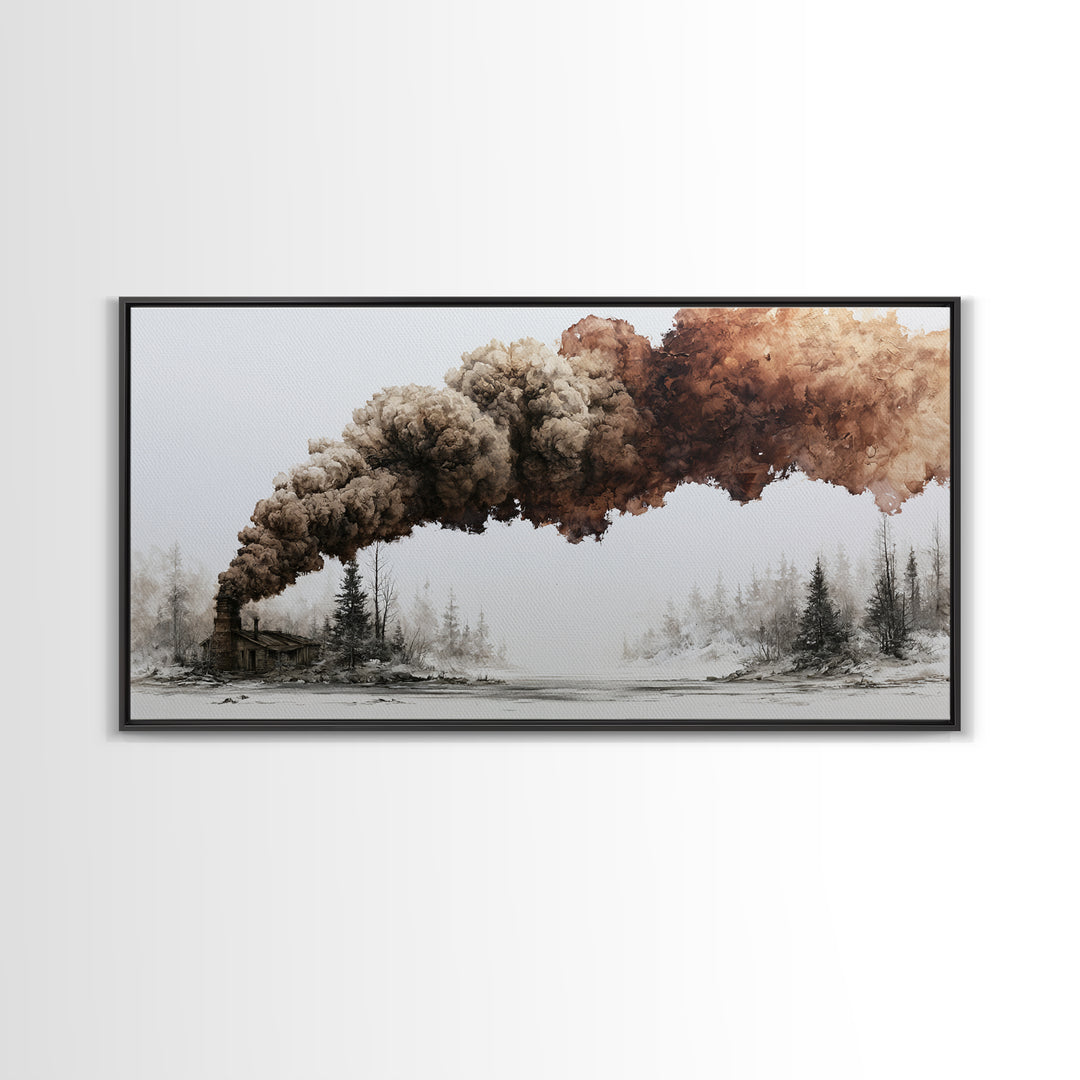 Winter Cabin Smoke Canvas Print, Scandinavian Art, Art Print, Living Room Decor, Oil Painting, Nordic, Farmhouse Decor, SCA-2x1-62
