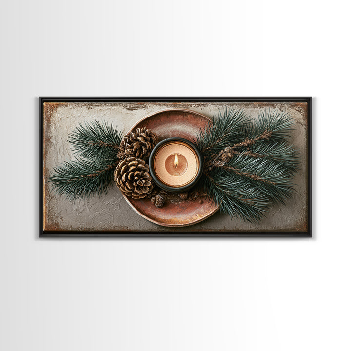 Hygge Candle and Pine Branch Still Life Framed Canvas Print, Scandinavian Art, Oil Painting, Living Room Decor, Watercolor Art, SCA-2x1-72