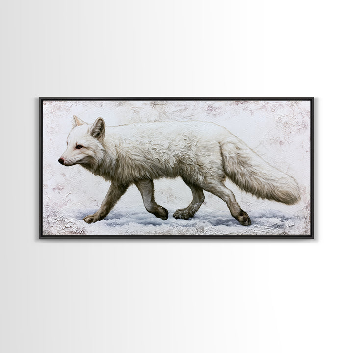 White Fox in Quiet Snow Framed Canvas Print, Scandinavian Art, Living Room Decor, Nordic, Gallery Decor, Neutral Decor, SCA-2x1-80