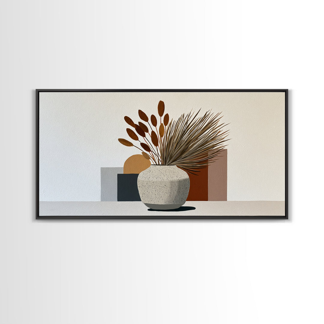 Ceramic Vase with Dried Grasses Framed Canvas Print, Scandinavian Art, Modern Wall Art, Living Room Decor, Watercolor Art, SCA-2x1-81
