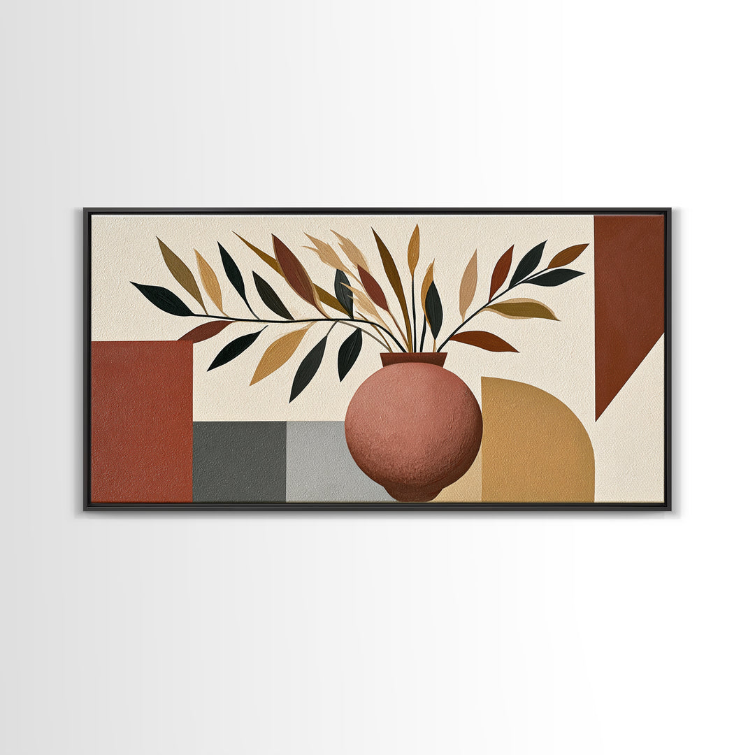 Ceramic Vase with Dried Grasses Framed Canvas Print, Scandinavian Art, Oil Painting, Living Room Decor, Fine Art, Nordic, SCA-2x1-9
