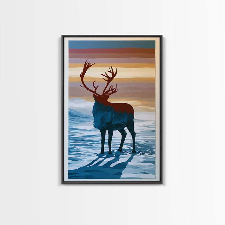 Reindeer Silhouette in Snowy Landscape Canvas Print, Scandinavian Art, Printable, Living Room Decor, Fine Art, Nordic, SCA-2x3-14