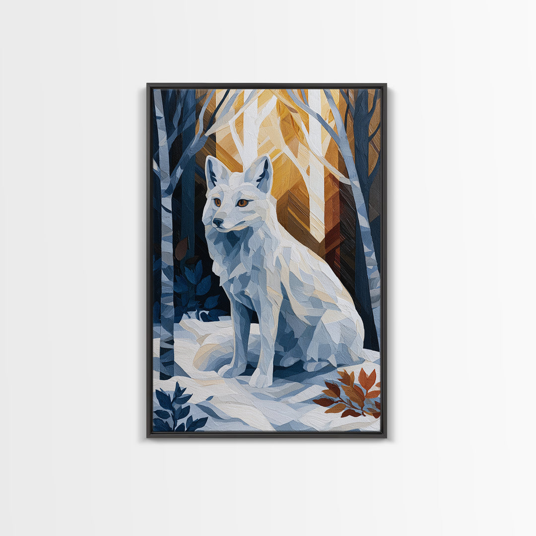White Fox in Quiet Snow Framed Canvas Print, Scandinavian Art, Boho Wall Decor, Living Room Decor, Oil Painting, Nordic, SCA-2x3-20