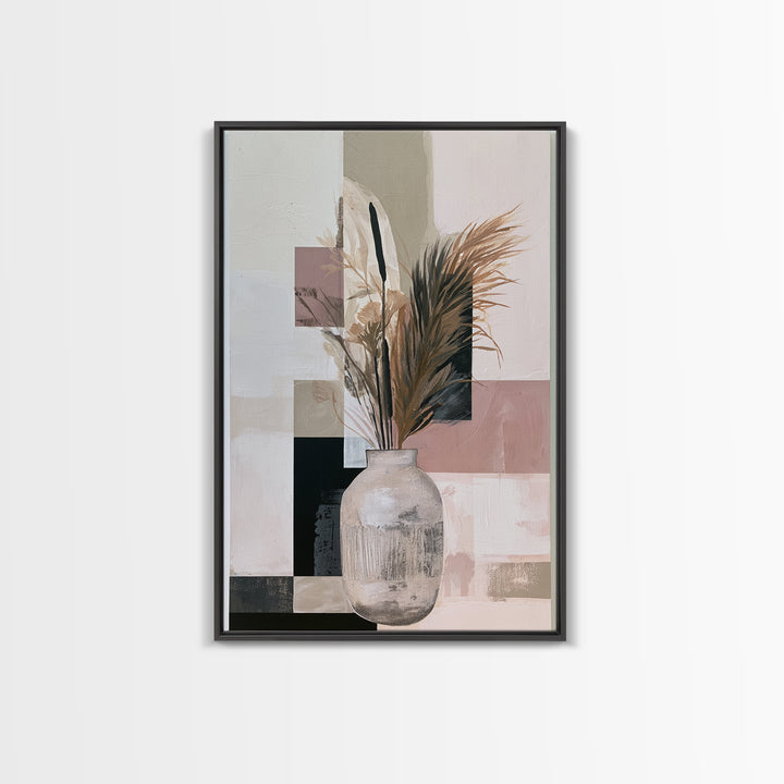 Ceramic Vase with Dried Grasses Framed Canvas Print, Scandinavian Art, Abstract Art, Living Room Decor, Oil Painting, Nordic, SCA-2x3-21