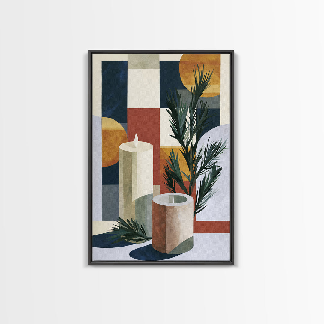 Hygge Candle and Pine Branch Still Life Framed Canvas Print, Scandinavian Art, Textured Painting, Living Room Decor, Nordic, SCA-2x3-36