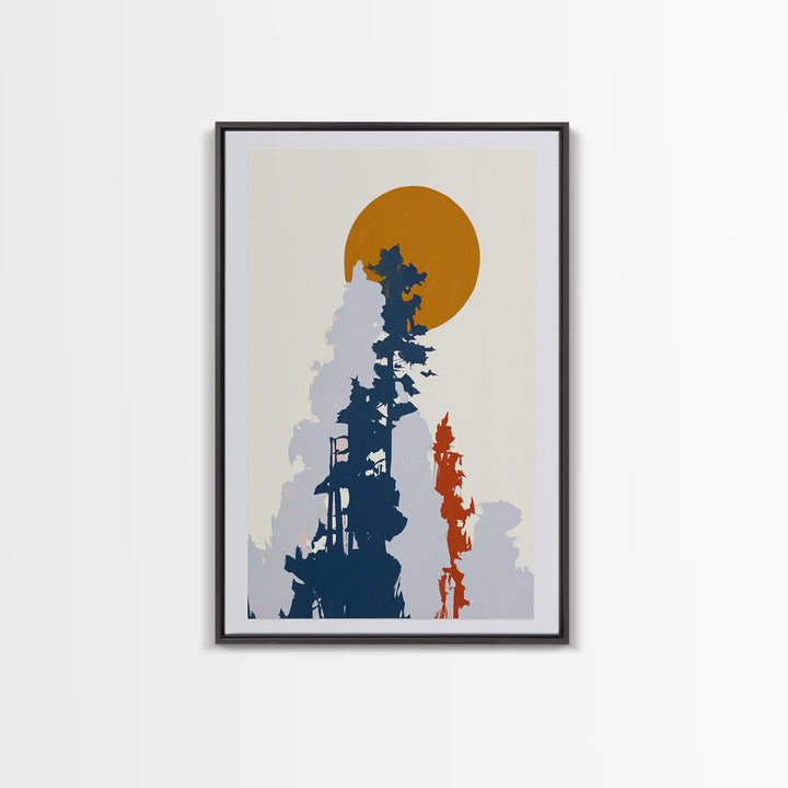 Minimal Sun over Pine Forest Framed Canvas Print, Scandinavian Art, Abstract Painting, Living Room Decor, Fine Art, Nordic, SCA-2x3-73
