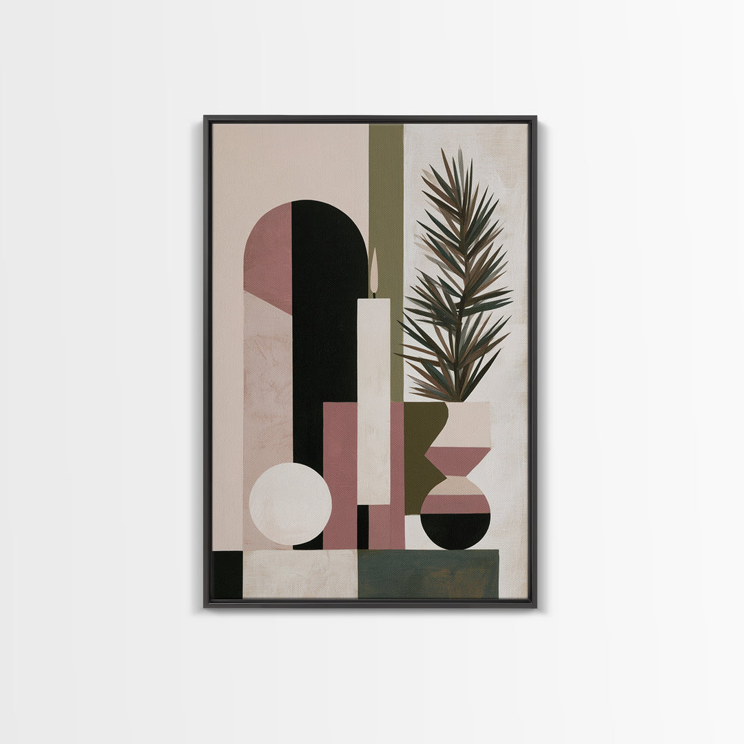 Hygge Candle and Pine Branch Still Life Framed Canvas Print, Scandinavian Art, Wall Art, Living Room Decor, Watercolor Art, SCA-2x3-84