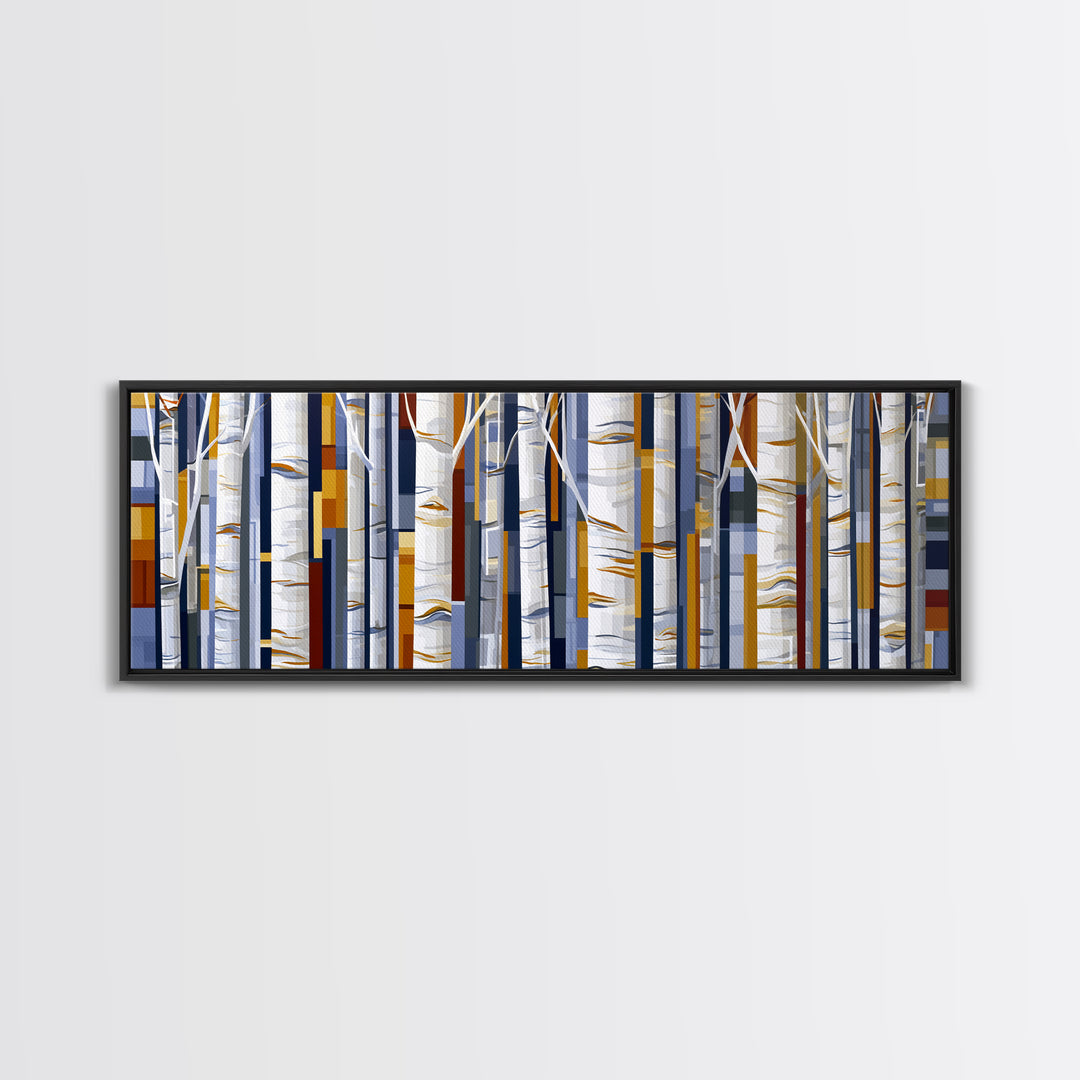 Birch Tree Trunks Framed Canvas Print, Scandinavian Art, Abstract Painting, Living Room Decor, Fine Art, Nordic, SCA-3x1-1