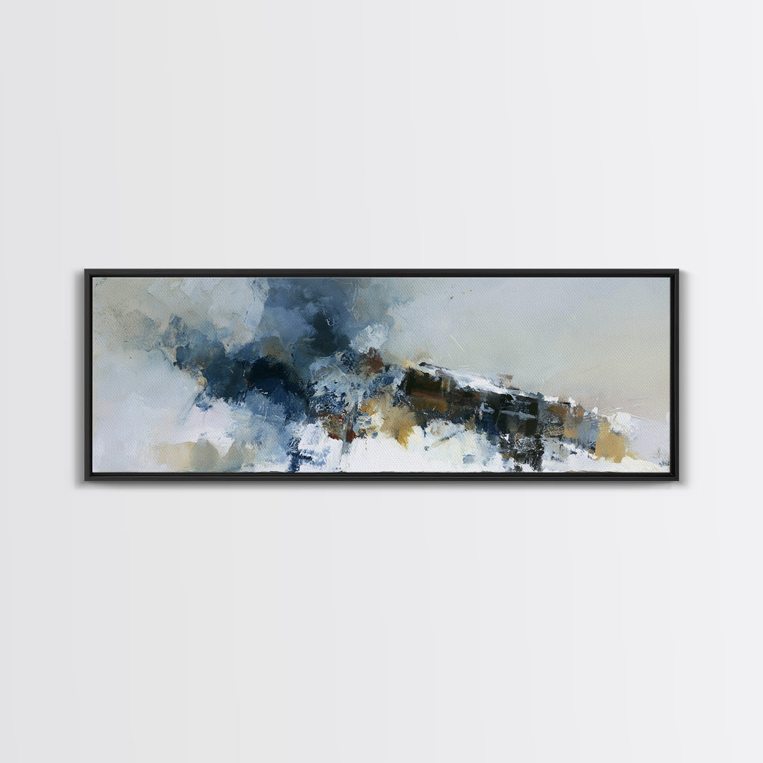 Winter Cabin Smoke Framed Canvas Print, Scandinavian Art, Oil Painting, Living Room Decor, Fine Art, Nordic, Boho Wall Decor, SCA-3x1-10