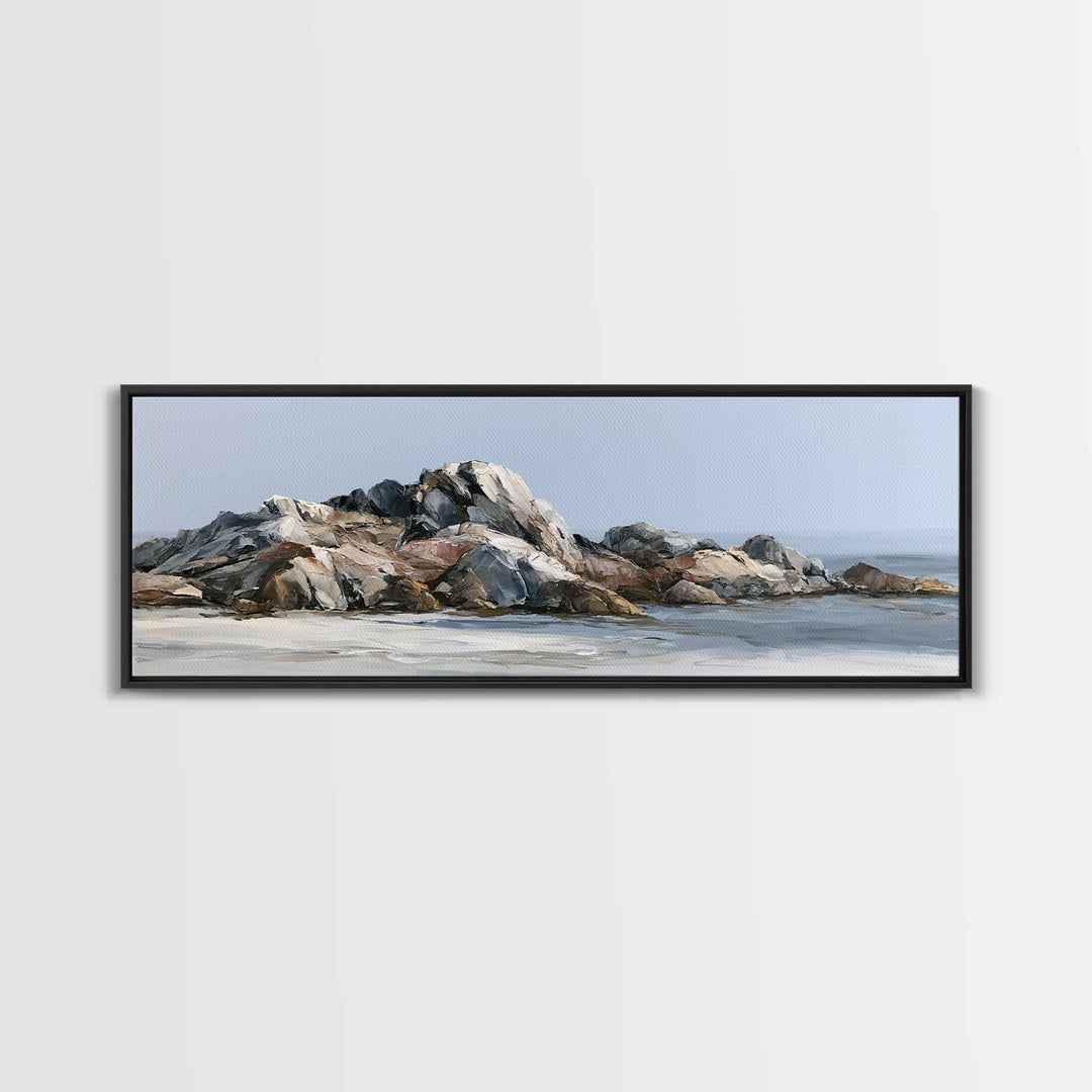 Quiet Coastal Rocks and Gray Sea Framed Canvas Print, Scandinavian Art, Fine Art Print, Living Room Decor, Fine Art, Nordic, SCA-3x1-15
