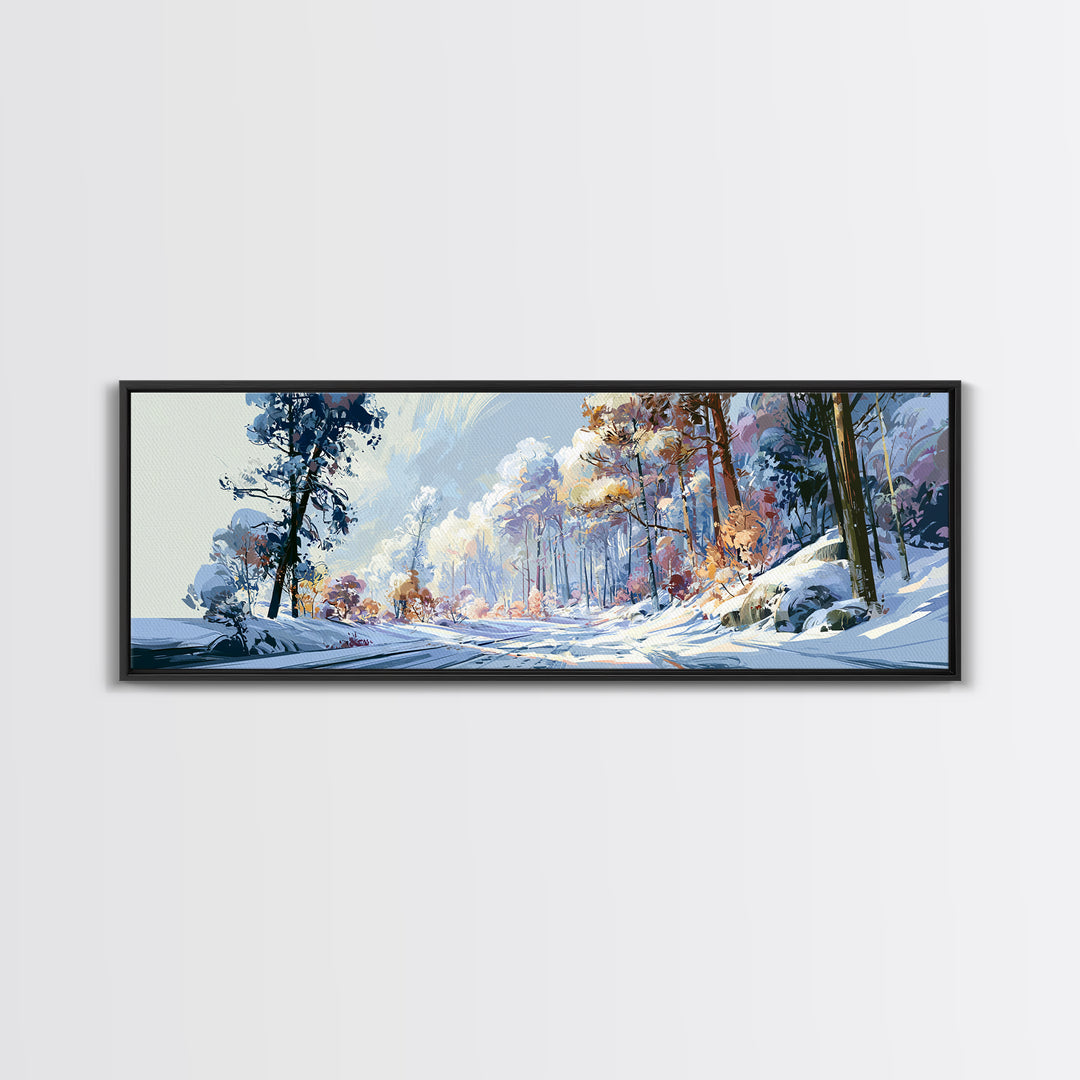 Snowy Nordic Forest Framed Canvas Print, Scandinavian Art, Gallery Decor, Living Room Decor, Fine Art, Nordic, Home Decor, SCA-3x1-17
