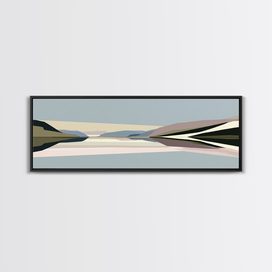 Minimal Fjord Landscape Framed Canvas Print, Scandinavian Art, Living Room Decor, Nordic, Gallery Decor, Neutral Decor, SCA-3x1-18