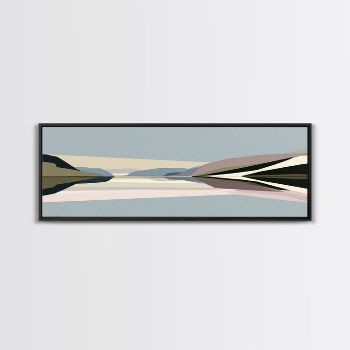 Minimal Fjord Landscape Framed Canvas Print, Scandinavian Art, Living Room Decor, Nordic, Gallery Decor, Neutral Decor, SCA-3x1-18