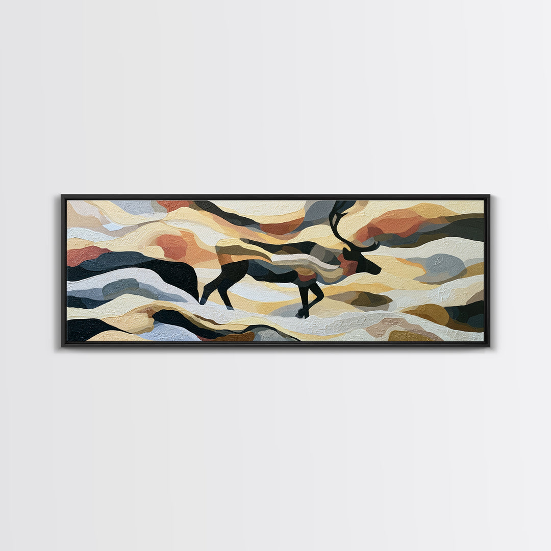 Reindeer Silhouette in Snowy Landscape Canvas Print, Scandinavian Art, Art, Living Room Decor, Fine Art, Nordic, Abstract Art, SCA-3x1-22