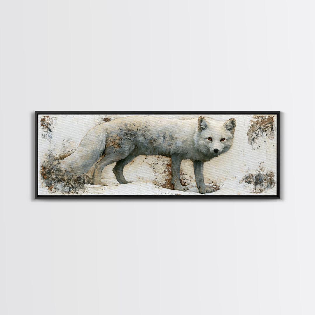 White Fox in Quiet Snow Framed Canvas Print, Scandinavian Art, Scandinavian, Living Room Decor, Oil Painting, Nordic, SCA-3x1-28