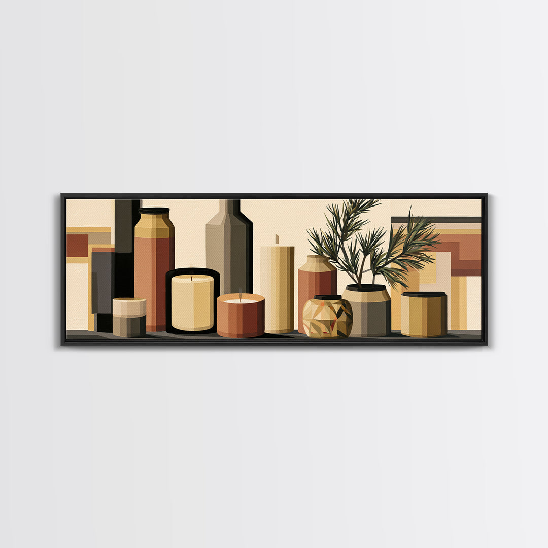 Hygge Candle and Pine Branch Still Life Framed Canvas Print, Scandinavian Art, Fine Art Print, Living Room Decor, SCA-3x1-44