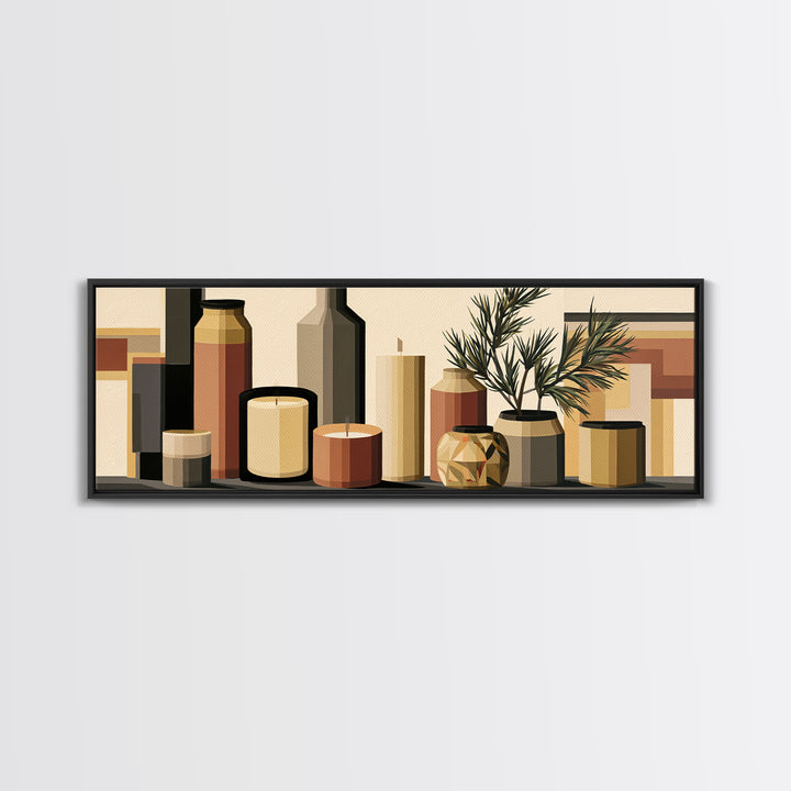 Hygge Candle and Pine Branch Still Life Framed Canvas Print, Scandinavian Art, Fine Art Print, Living Room Decor, SCA-3x1-44