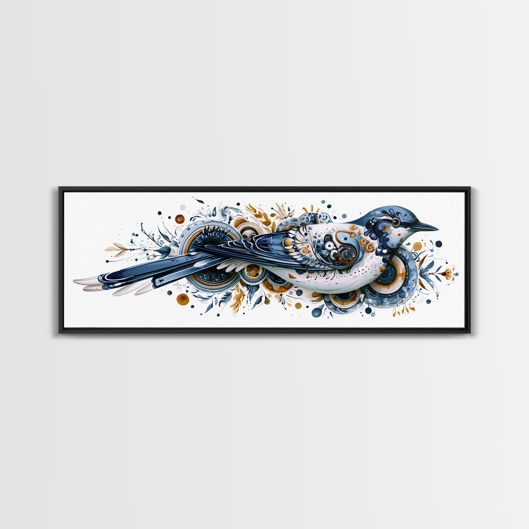 Nordic Folk Bird Framed Canvas Print, Scandinavian Art, Digital Wall Art, Living Room Decor, Fine Art, Nordic, Boho Decor, SCA-3x1-51