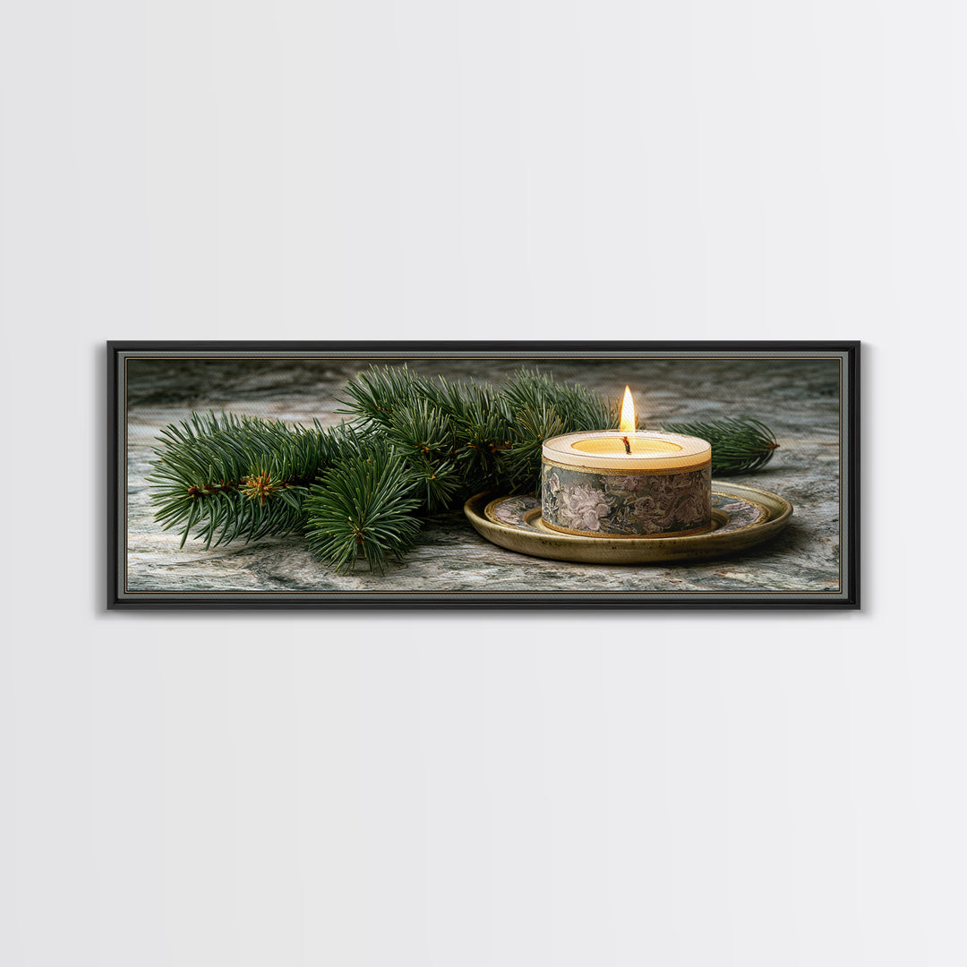 Hygge Candle and Pine Branch Still Life Framed Canvas Print, Scandinavian Art, Wall Decor, Living Room Decor, Fine Art, Nordic, SCA-3x1-68