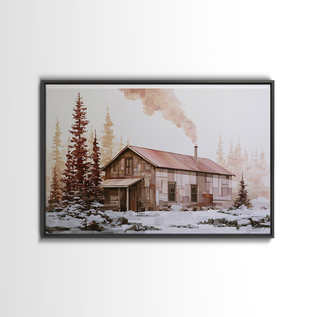 Winter Cabin Smoke Canvas Print, Scandinavian Art, Boho Wall Art, Living Room Decor, Oil Painting, Nordic, Modern Decor, SCA-3x2-22