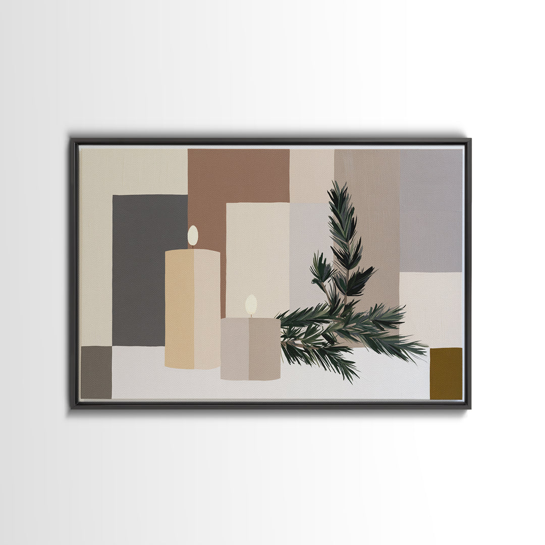 Hygge Candle and Pine Branch Still Life Canvas Print, Scandinavian Art, Luxury Decor, Living Room Decor, Oil Painting, Nordic, SCA-3x2-32