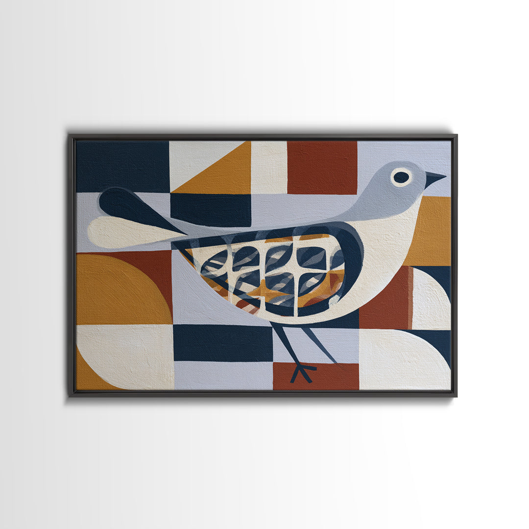 Nordic Folk Bird Framed Canvas Print, Scandinavian Art, Oil Painting, Living Room Decor, Fine Art, Nordic, Boho Wall Decor, SCA-3x2-39
