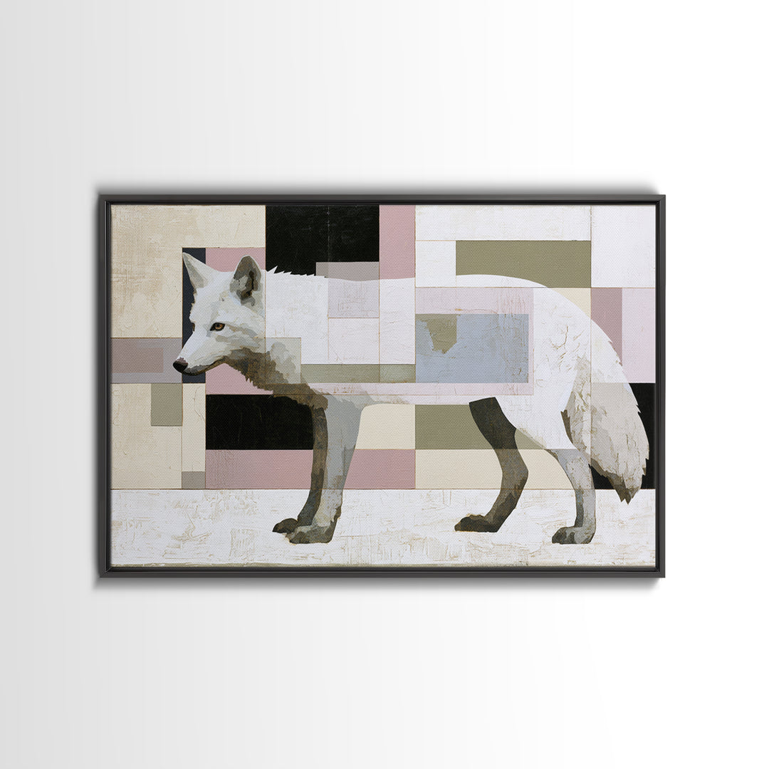 White Fox in Quiet Snow Framed Canvas Print, Scandinavian Art, Textured Painting, Living Room Decor, Oil Painting, Nordic, SCA-3x2-40