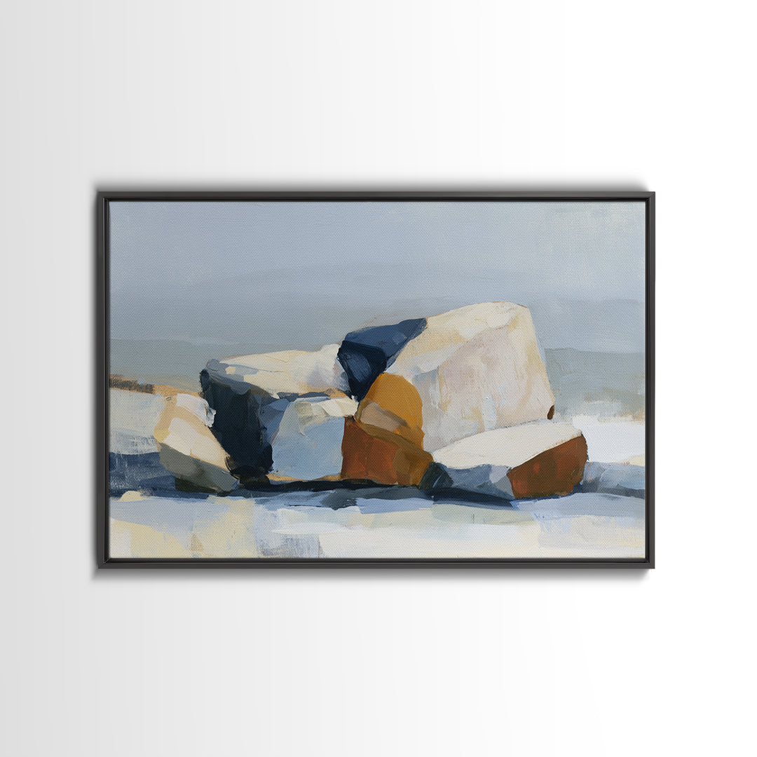 Quiet Coastal Rocks and Gray Sea Canvas Print, Scandinavian Art, Printable, Living Room Decor, Nordic, Abstract Wall Art, SCA-3x2-51