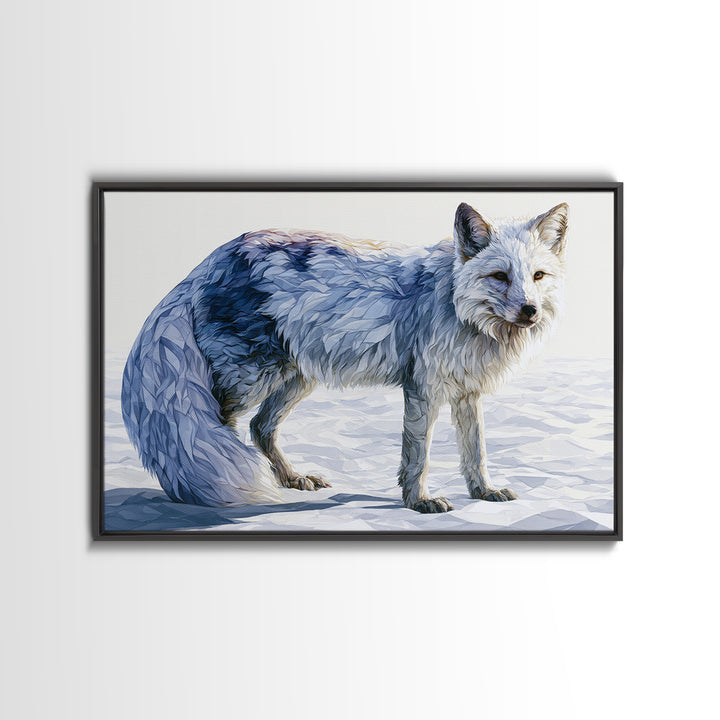 White Fox in Quiet Snow Framed Canvas Print, Scandinavian Art, Mid Century Modern, Living Room Decor, Abstract Art, Nordic, SCA-3x2-64