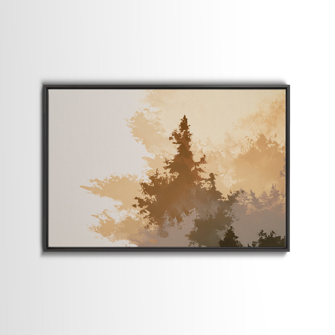 Minimal Sun over Pine Forest Framed Canvas Print, Scandinavian Art, Textured Painting, Living Room Decor, Fine Art, Nordic, SCA-3x2-69