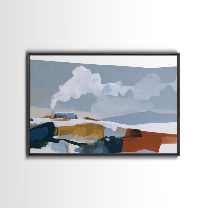 Winter Cabin Smoke Framed Canvas Print, Scandinavian Art, Living Room Wall Art, Living Room Decor, Fine Art, Nordic, SCA-3x2-70