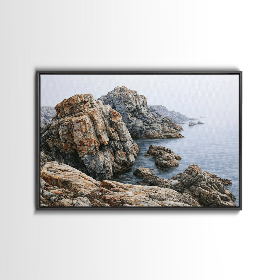 Quiet Coastal Rocks and Gray Sea Canvas Print, Scandinavian Art, Farmhouse Decor, Living Room Decor, Fine Art, Nordic, SCA-3x2-75