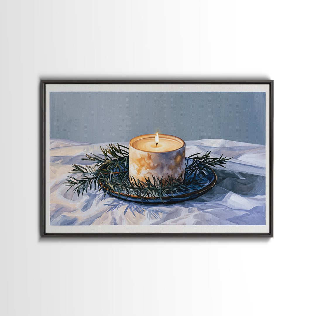 Hygge Candle and Pine Branch Still Life Framed Canvas Print, Scandinavian Art, Gallery Decor, Living Room Decor, Nordic, SCA-3x2-8
