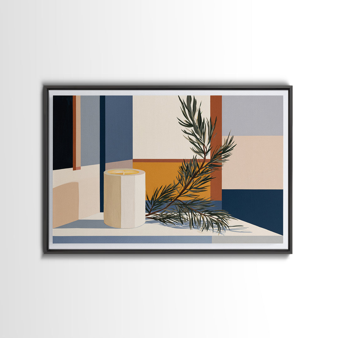 Hygge Candle and Pine Branch Still Life Framed Canvas Print, Scandinavian Art, Digital Wall Art, Living Room Decor, Nordic, SCA-3x2-80